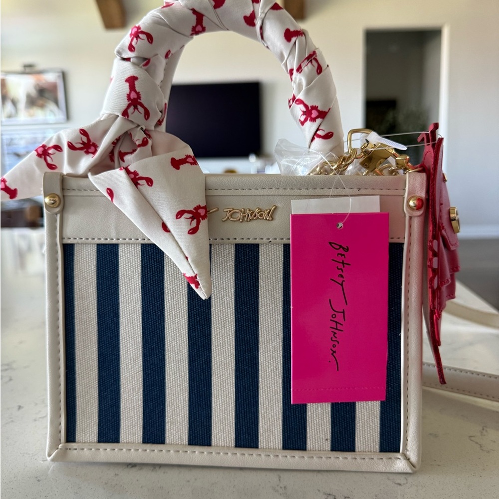 Betsey Johnson Navy & White Striped Satchel with Red Scarf Accent